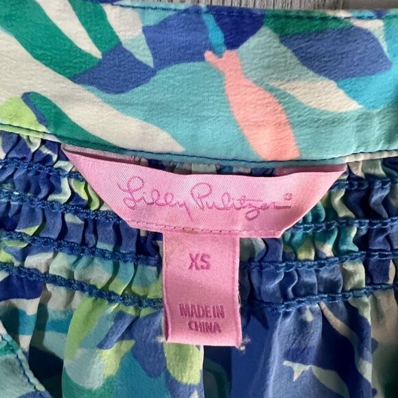 Lilly Pulitzer Elsa Leaf Tropical Silk Blouse Blue Green Tunic Shirt Top Size XS - Picture 7 of 9